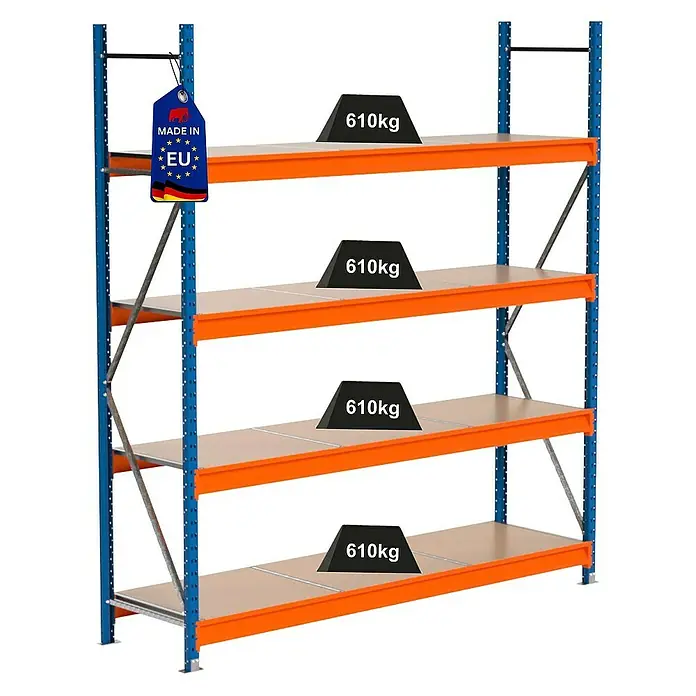 Proregal Schwerlastregal Industrie Weitspannregal MAXIMUS Pro - H x B x T: 250 x 235 x 60 cm, Traglast pro Boden: 610 kg, Anzahl Böden: 4 Stk., Stecken, Blau/Orange