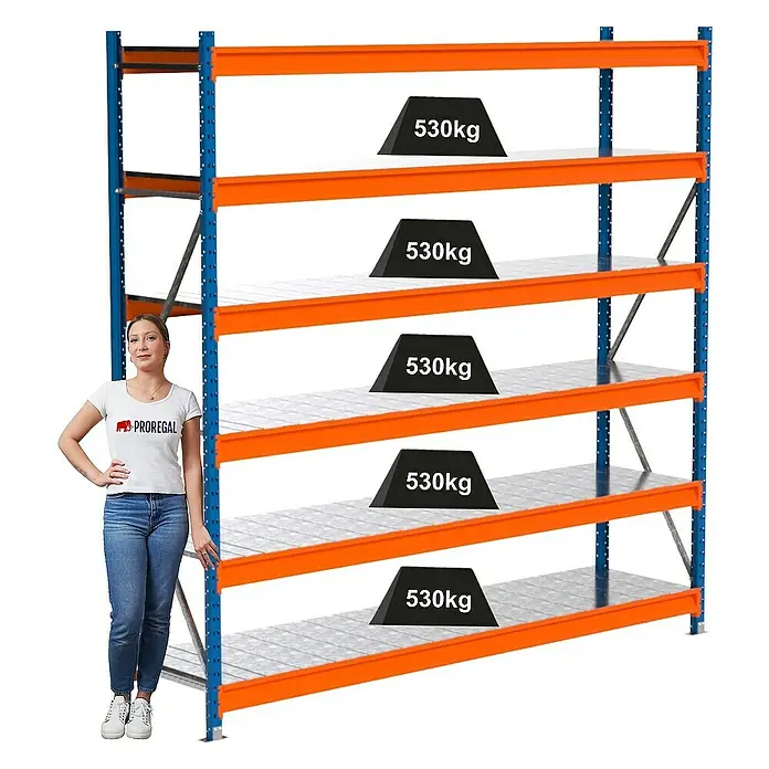Proregal Schwerlastregal Industrie Weitspannregal MAXIMUS Pro - H x B x T: 250 x 260 x 60 cm, Traglast pro Boden: 530 kg, Anzahl Böden: 6 Stk., Stecken, Blau/Orange