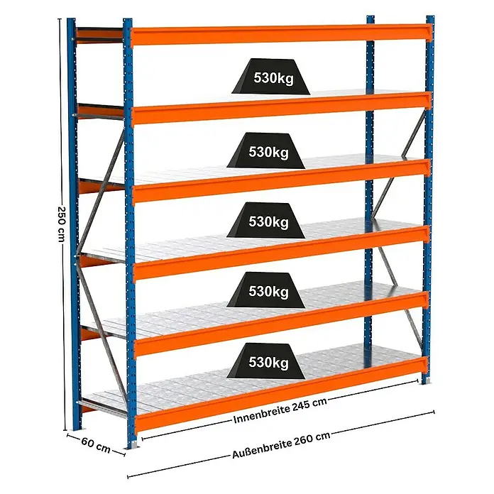 Proregal Schwerlastregal Industrie Weitspannregal MAXIMUS Pro - H x B x T: 250 x 260 x 60 cm, Traglast pro Boden: 530 kg, Anzahl Böden: 6 Stk., Stecken, Blau/Orange
