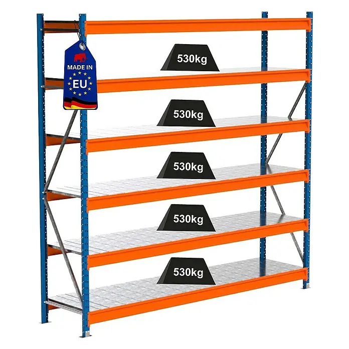 Proregal Schwerlastregal Industrie Weitspannregal MAXIMUS Pro - H x B x T: 250 x 260 x 60 cm, Traglast pro Boden: 530 kg, Anzahl Böden: 6 Stk., Stecken, Blau/Orange