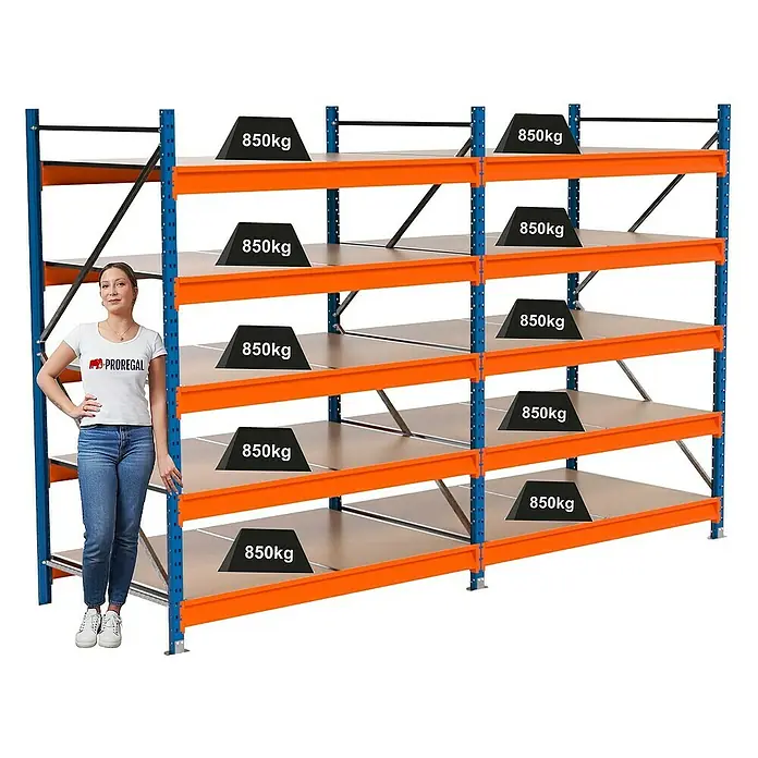 Proregal Schwerlastregal Industrie Weitspannregal MAXIMUS Pro - H x B x T: 200 x 310 x 100 cm, Traglast pro Boden: 850 kg, Anzahl Böden: 5 Stk., Stecken, Blau/Orange