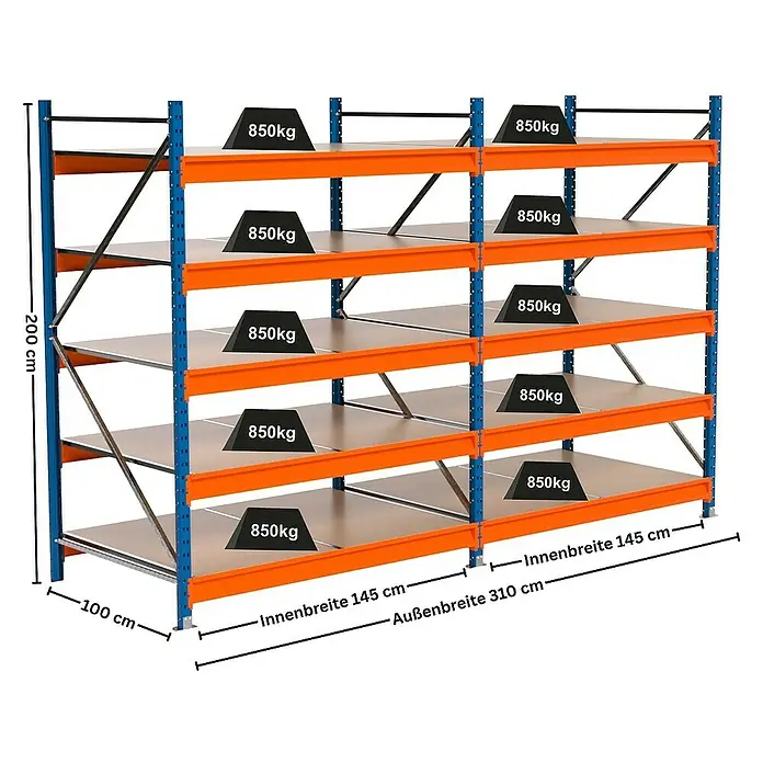 Proregal Schwerlastregal Industrie Weitspannregal MAXIMUS Pro - H x B x T: 200 x 310 x 100 cm, Traglast pro Boden: 850 kg, Anzahl Böden: 5 Stk., Stecken, Blau/Orange