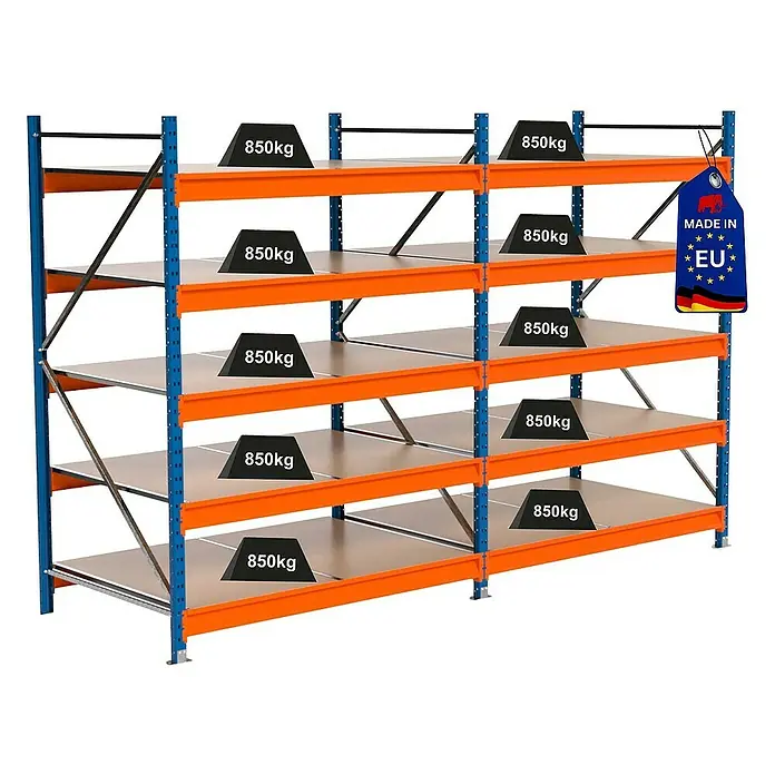 Proregal Schwerlastregal Industrie Weitspannregal MAXIMUS Pro - H x B x T: 200 x 310 x 100 cm, Traglast pro Boden: 850 kg, Anzahl Böden: 5 Stk., Stecken, Blau/Orange