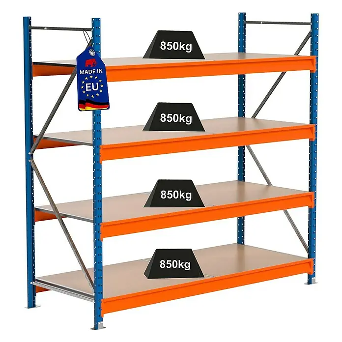 Proregal Schwerlastregal Industrie Weitspannregal MAXIMUS Pro - H x B x T: 200 x 160 x 80 cm, Traglast pro Boden: 850 kg, Anzahl Böden: 4 Stk., Stecken, Blau/Orange