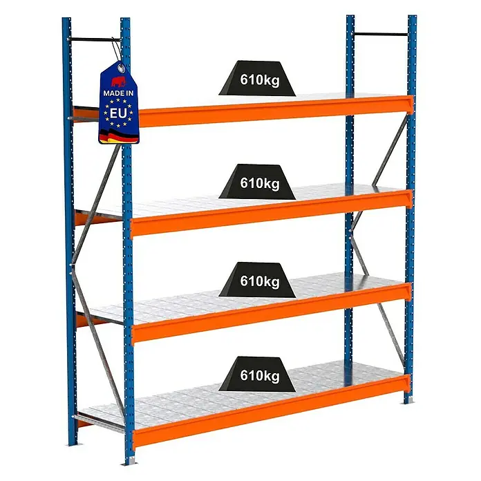 Proregal Schwerlastregal Industrie Weitspannregal MAXIMUS Pro - H x B x T: 250 x 235 x 60 cm, Traglast pro Boden: 610 kg, Anzahl Böden: 4 Stk., Stecken, Blau/Orange