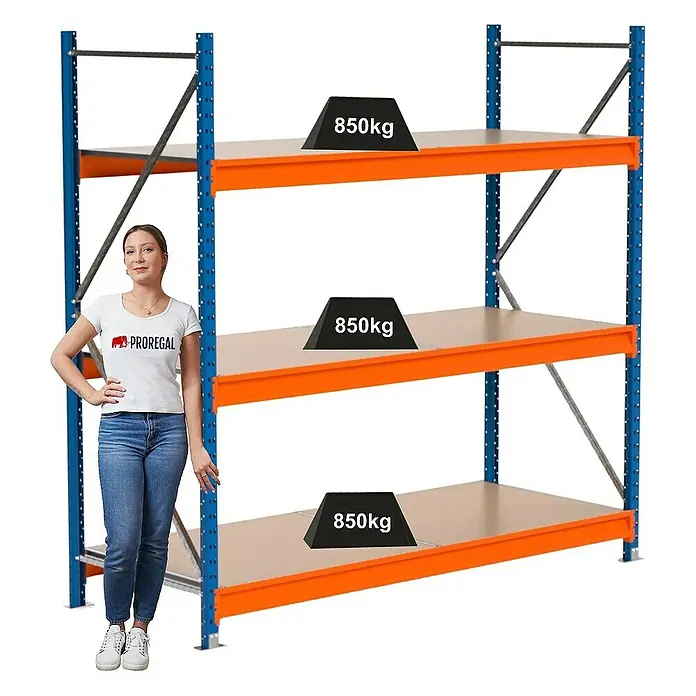Proregal Schwerlastregal Industrie Weitspannregal MAXIMUS Pro - H x B x T: 200 x 160 x 80 cm, Traglast pro Boden: 850 kg, Anzahl Böden: 4 Stk., Stecken, Blau/Orange