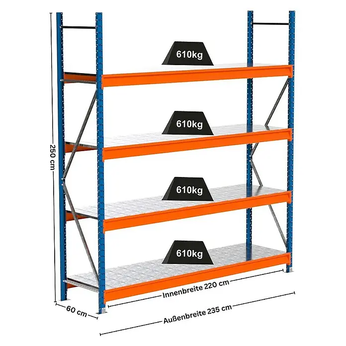 Proregal Schwerlastregal Industrie Weitspannregal MAXIMUS Pro - H x B x T: 250 x 235 x 60 cm, Traglast pro Boden: 610 kg, Anzahl Böden: 4 Stk., Stecken, Blau/Orange