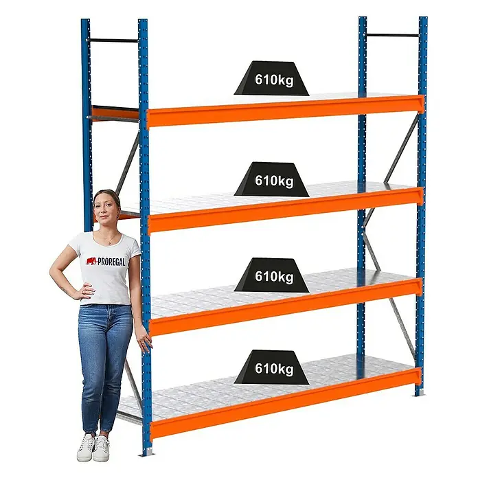 Proregal Schwerlastregal Industrie Weitspannregal MAXIMUS Pro - H x B x T: 250 x 235 x 60 cm, Traglast pro Boden: 610 kg, Anzahl Böden: 4 Stk., Stecken, Blau/Orange