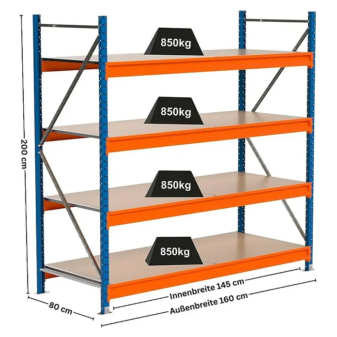 Proregal Schwerlastregal Industrie Weitspannregal MAXIMUS Pro - H x B x T: 200 x 160 x 80 cm, Traglast pro Boden: 850 kg, Anzahl Böden: 4 Stk., Stecken, Blau/Orange