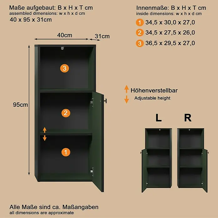 Trendteam Niklas Midischrank - B x T x H: 40 x 31 x 95 cm, Grün, Strukturiert - Dunkelgrüner und schwarzer Schrank mit drei Fächern, einem verstellbaren Einlegeboden und detaillierten Maßen: 40x95x31 cm.