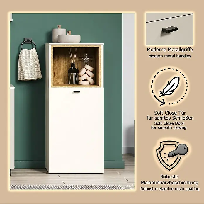 Trendteam Sao Paulo Seitenschrank - B x T x H: 40 x 31 x 95 cm, Kaschmir/Evoke Eiche, Matt - Ein weißer Melamin Badschrank mit offenem Holzregal und unterer Tür mit modernem schwarzem Griff.