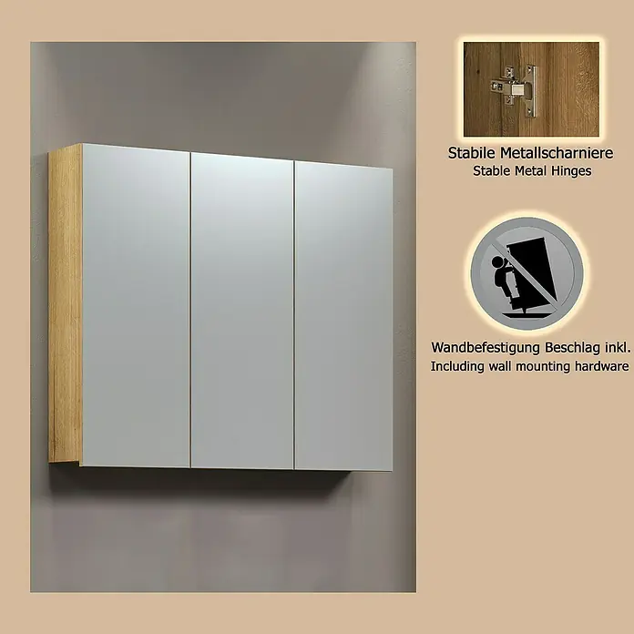 Trendteam Niklas Spiegelschrank - B x H: 80 x 67 cm, Evoke Eiche - Wandschrank mit drei Spiegeltüren und hellem Holzrahmen, inkl. stabiler Metallscharniere und Wandbefestigung.