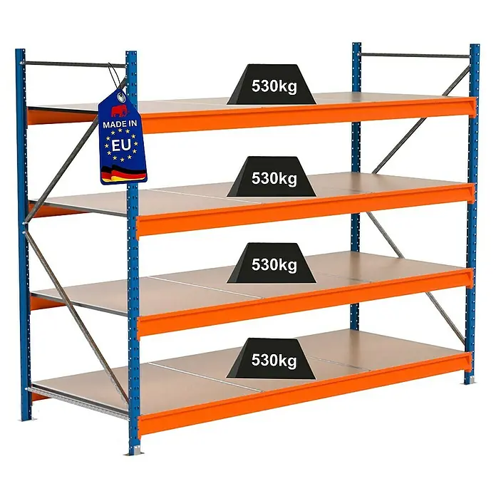 Proregal Schwerlastregal Industrie Weitspannregal MAXIMUS Pro - H x B x T: 200 x 260 x 100 cm, Traglast pro Boden: 530 kg, Anzahl Böden: 4 Stk., Stecken, Blau/Orange