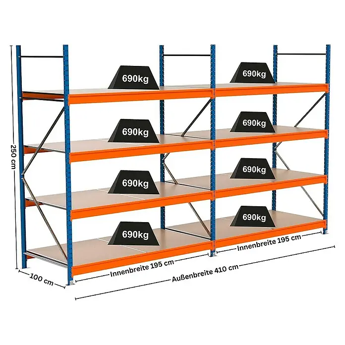 Proregal Schwerlastregal Industrie Weitspannregal MAXIMUS Pro - H x B x T: 250 x 410 x 100 cm, Traglast pro Boden: 690 kg, Anzahl Böden: 4 Stk., Stecken, Blau/Orange