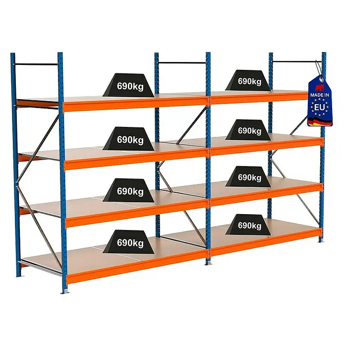 Proregal Schwerlastregal Industrie Weitspannregal MAXIMUS Pro - H x B x T: 250 x 410 x 100 cm, Traglast pro Boden: 690 kg, Anzahl Böden: 4 Stk., Stecken, Blau/Orange