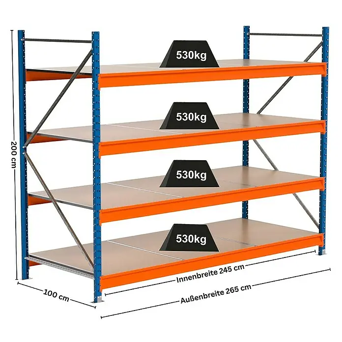 Proregal Schwerlastregal Industrie Weitspannregal MAXIMUS Pro - H x B x T: 200 x 260 x 100 cm, Traglast pro Boden: 530 kg, Anzahl Böden: 4 Stk., Stecken, Blau/Orange