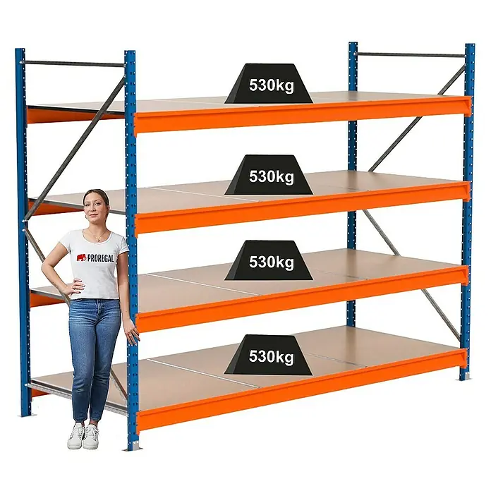 Proregal Schwerlastregal Industrie Weitspannregal MAXIMUS Pro - H x B x T: 200 x 260 x 100 cm, Traglast pro Boden: 530 kg, Anzahl Böden: 4 Stk., Stecken, Blau/Orange