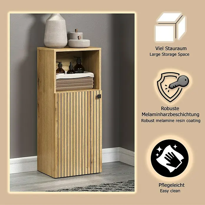 Trendteam Niklas Midischrank - B x T x H: 40 x 31 x 95 cm, Evoke Eiche, Strukturiert - Hoher Holzschrank aus hellem Holz mit Lamellentür, offenem Regal und geschlossenem Fach. Robuste Melaminharzbeschichtung, pflegeleicht.