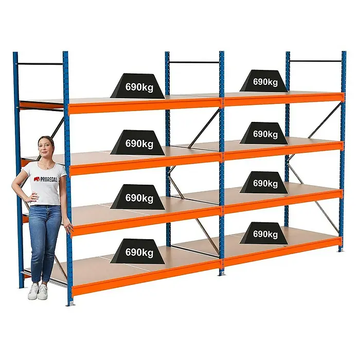 Proregal Schwerlastregal Industrie Weitspannregal MAXIMUS Pro - H x B x T: 250 x 410 x 100 cm, Traglast pro Boden: 690 kg, Anzahl Böden: 4 Stk., Stecken, Blau/Orange