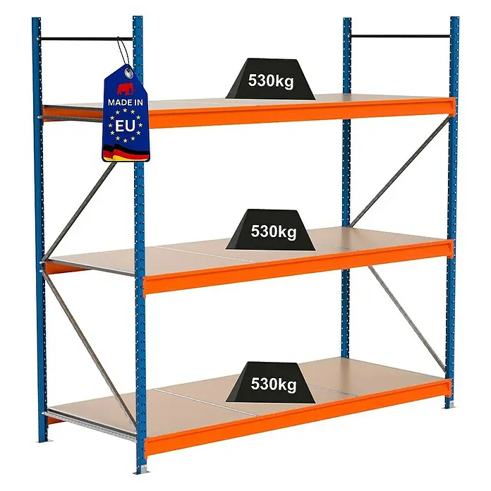 Proregal Schwerlastregal Industrie Weitspannregal MAXIMUS Pro - H x B x T: 250 x 260 x 100 cm, Traglast pro Boden: 530 kg, Anzahl Böden: 3 Stk., Stecken, Blau/Orange