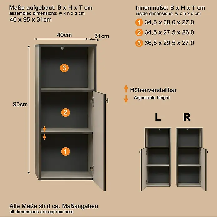 Trendteam Niklas Midischrank - B x T x H: 40 x 31 x 95 cm, Kashmir, Strukturiert - Grau-brauner Schrank (40x95x31cm) mit drei Einlegeböden, davon einer höhenverstellbar, und Innenmaßen.