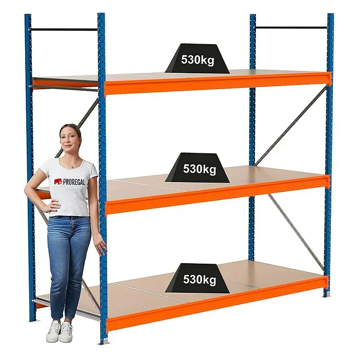 Proregal Schwerlastregal Industrie Weitspannregal MAXIMUS Pro - H x B x T: 250 x 260 x 100 cm, Traglast pro Boden: 530 kg, Anzahl Böden: 3 Stk., Stecken, Blau/Orange