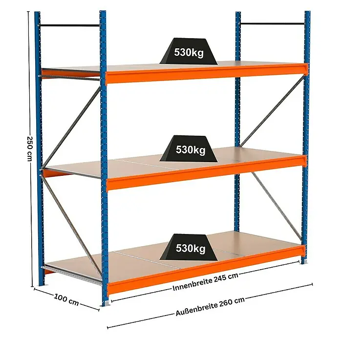 Proregal Schwerlastregal Industrie Weitspannregal MAXIMUS Pro - H x B x T: 250 x 260 x 100 cm, Traglast pro Boden: 530 kg, Anzahl Böden: 3 Stk., Stecken, Blau/Orange