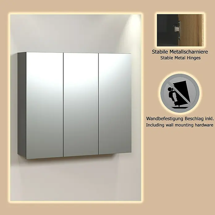 Trendteam Niklas Spiegelschrank - B x H: 90 x 80 cm, Anthrazit - Wandhängender Spiegelschrank mit drei Türen und stabilen Metallscharnieren. Inklusive Befestigungsmaterial.