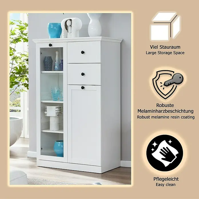 Trendteam Vitrine Baxxter - B x T x H: 81 x 41 x 129 cm, Weiß - Weißer Schrank mit Glastüren, Schubladen und schwarzen Knöpfen, robust melaminharzbeschichtet für leichte Pflege und viel Stauraum.