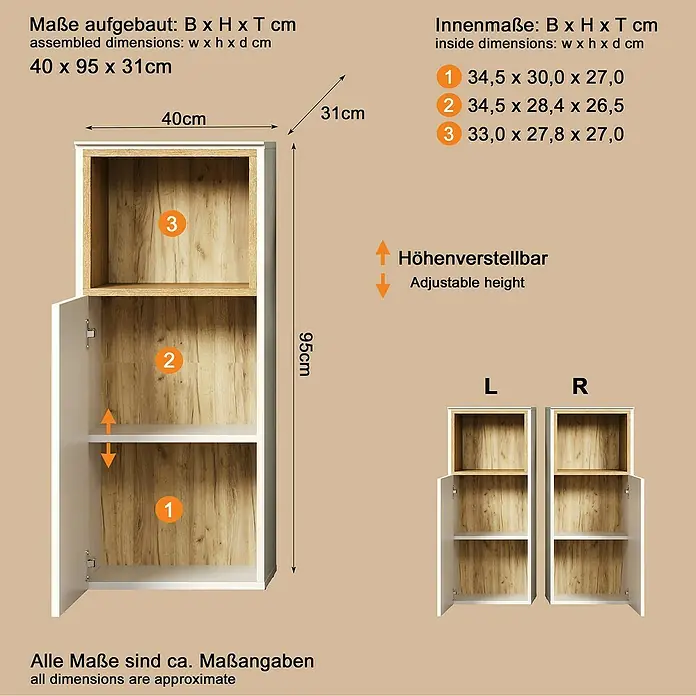 Trendteam Sao Paulo Seitenschrank - B x T x H: 40 x 31 x 95 cm, Kaschmir/Evoke Eiche, Matt - Weißer Schrank mit Holzoptik-Innenausstattung und höhenverstellbaren Einlegeböden.