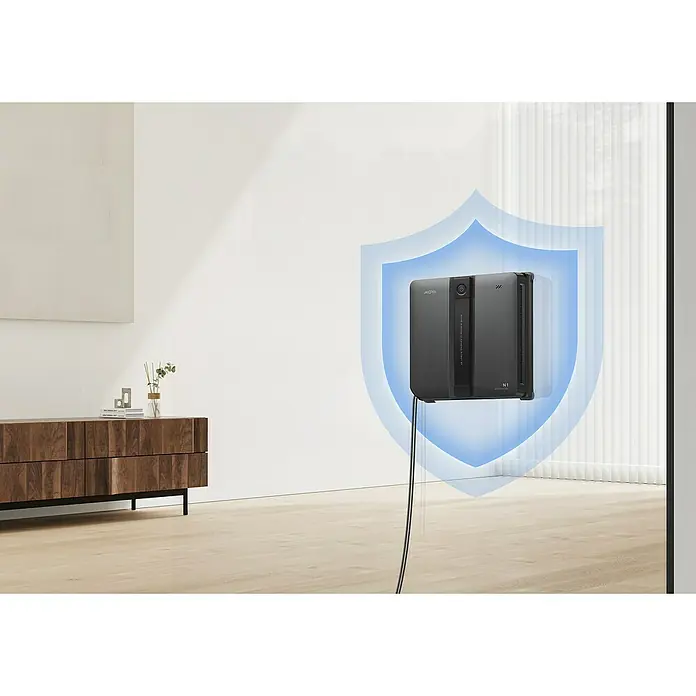 Mova Robot limpiacristales N1 - Capacidad del depósito de agua del robot: 120 ml, Potencia de aspiración: 8.000 Pa - Robot limpiacristales MOYA N1 negro con aura protectora azul, limpiando una ventana en un cuarto moderno.