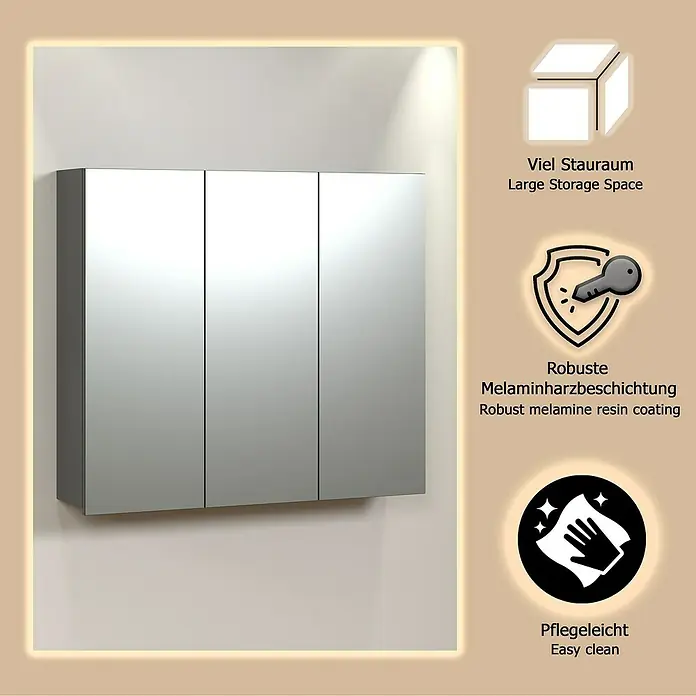 Trendteam Niklas Spiegelschrank - B x H: 90 x 80 cm, Anthrazit - Dreitüriger Spiegelschrank mit grauem Rahmen, wandmontiert.
