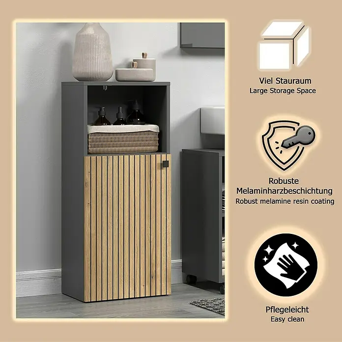 Trendteam Niklas Midischrank - B x T x H: 40 x 31 x 95 cm, Evoke Eiche/Anthrazit, Strukturiert - Hoher, dunkelgrauer Schrank mit heller Holztür in Lattenoptik, zur Aufbewahrung in einem Raum.