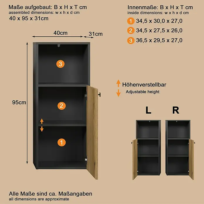 Trendteam Niklas Midischrank - B x T x H: 40 x 31 x 95 cm, Evoke Eiche/Anthrazit, Strukturiert - Dunkelgrauer Schrank mit Holztür (40x95x31cm), zeigt Fächer mit höhenverstellbarer Ablage und beidseitiger Türmontage.