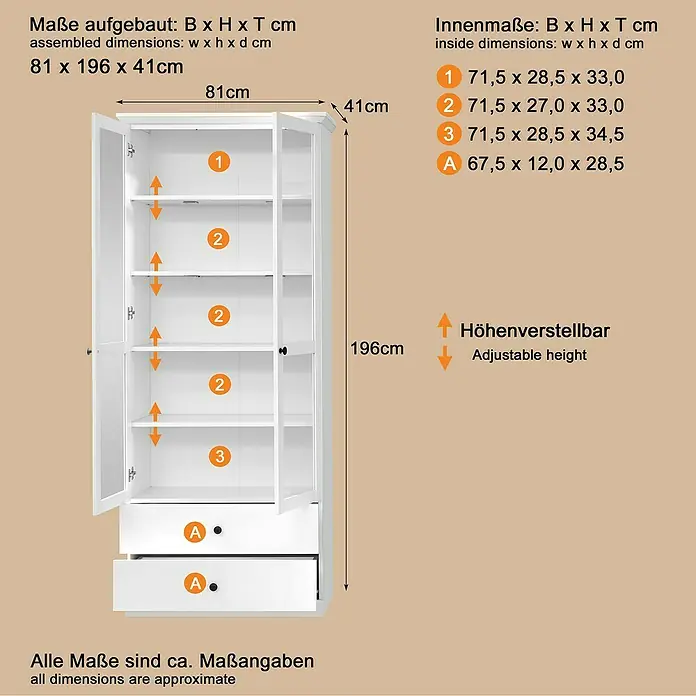 Trendteam Vitrine Baxxter - B x T x H: 81 x 41 x 196 cm, Weiß - Weißer Schrank mit Glastüren, zwei Schubladen und verstellbaren Einlegeböden. Maße aufgebaut: 81x196x41 cm.