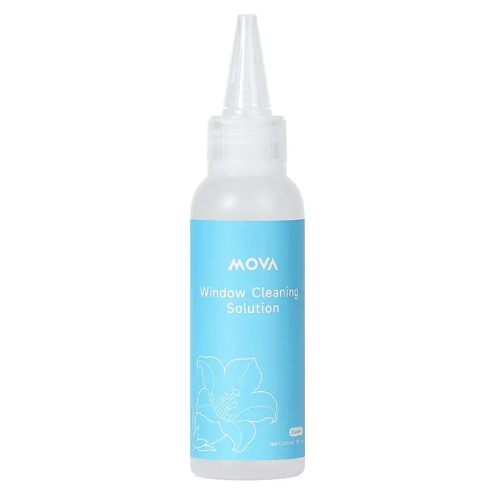 Mova Robot limpiacristales N1 - Capacidad del depósito de agua del robot: 120 ml, Potencia de aspiración: 8.000 Pa - Botella de plástico blanco MOVA de limpiacristales con etiqueta azul claro y diseño floral, con tapón cónico.