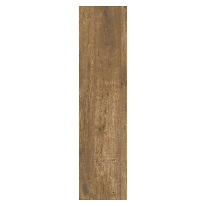 Feinsteinzeugfliese Essenza - 30 x 120 cm, Castag, Matt - Mittelbraunes Holzpaneel mit natürlicher Maserung und sichtbaren Ästen.
