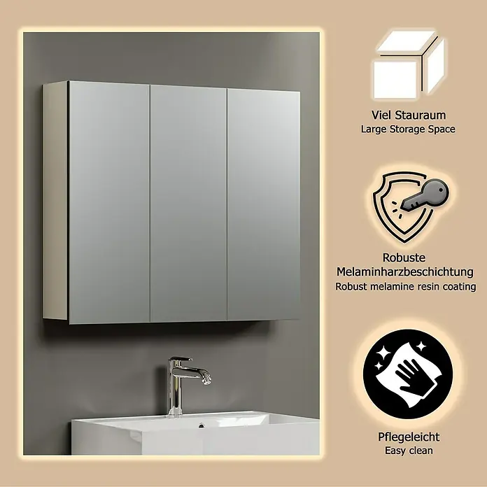 Trendteam Niklas Spiegelschrank - B x H: 90 x 80 cm, Kashmir - Spiegelschrank mit drei Türen über einem Waschbecken, aus robustem Melaminharz für viel Stauraum und leichte Reinigung.