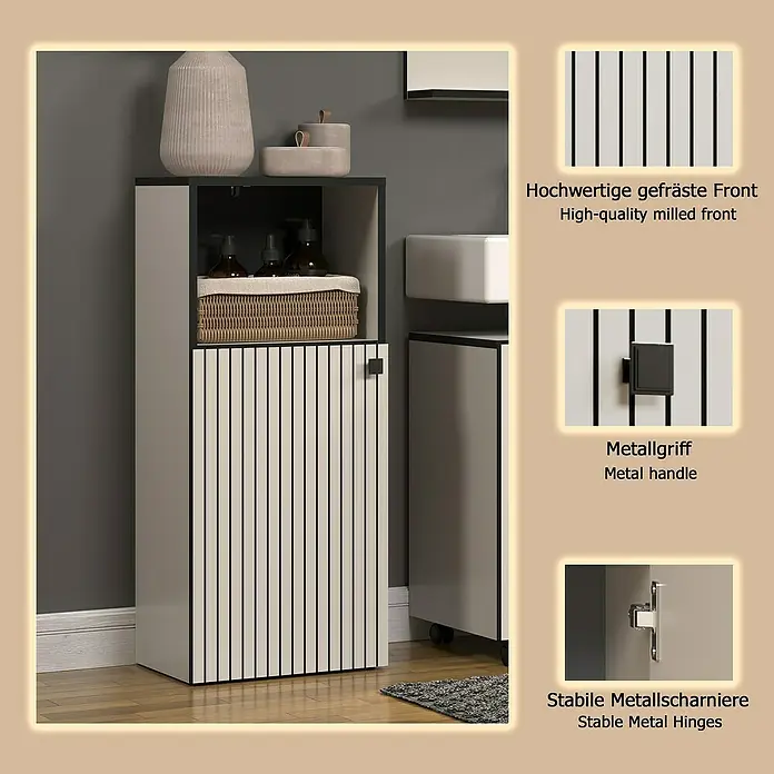Trendteam Niklas Midischrank - B x T x H: 40 x 31 x 95 cm, Kashmir, Strukturiert - Schmaler Badschrank mit cremefarbener, vertikal gefräster Front, schwarzem Metallgriff und stabilen Metallscharnieren für praktische Aufbewahrung.