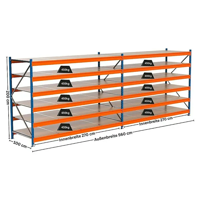 Proregal Schwerlastregal Industrie Weitspannregal MAXIMUS Pro - H x B x T: 200 x 560 x 100 cm, Traglast pro Boden: 450 kg, Anzahl Böden: 6 Stk., Stecken, Blau/Orange