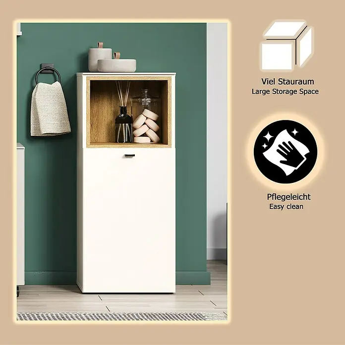 Trendteam Sao Paulo Seitenschrank - B x T x H: 40 x 31 x 95 cm, Kaschmir/Evoke Eiche, Matt - Hoher, cremefarbener Aufbewahrungsschrank mit offenem Holzregal, einer Schublade und einem unteren Fach.