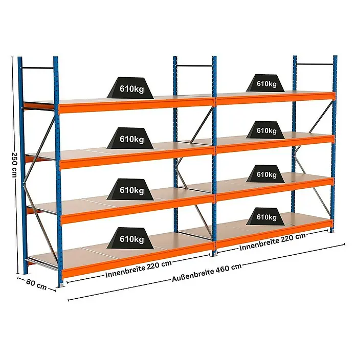 Proregal Schwerlastregal Industrie Weitspannregal MAXIMUS Pro - H x B x T: 250 x 460 x 80 cm, Traglast pro Boden: 610 kg, Anzahl Böden: 4 Stk., Stecken, Blau/Orange