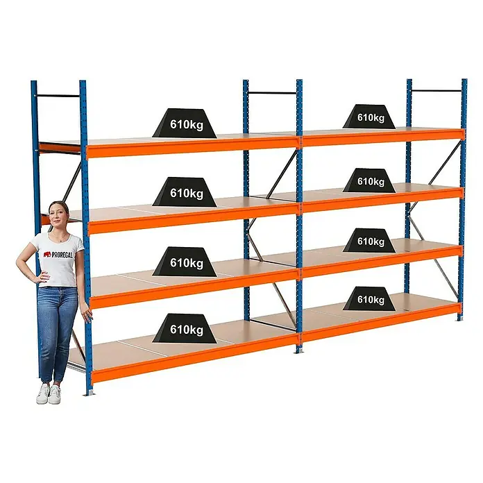 Proregal Schwerlastregal Industrie Weitspannregal MAXIMUS Pro - H x B x T: 250 x 460 x 80 cm, Traglast pro Boden: 610 kg, Anzahl Böden: 4 Stk., Stecken, Blau/Orange