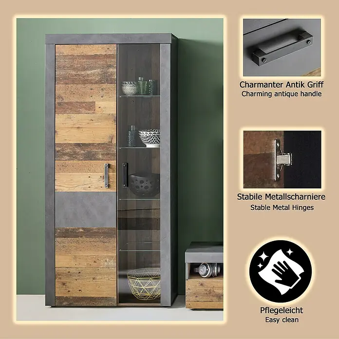 Trendteam Vitrine Indy - B x T x H: 87 x 34 x 189 cm, Braun - Rustikaler Holz- und dunkelgrauer Vitrinenschrank mit Glasböden, antiken Griffen, stabilen Scharnieren und pflegeleichter Oberfläche.