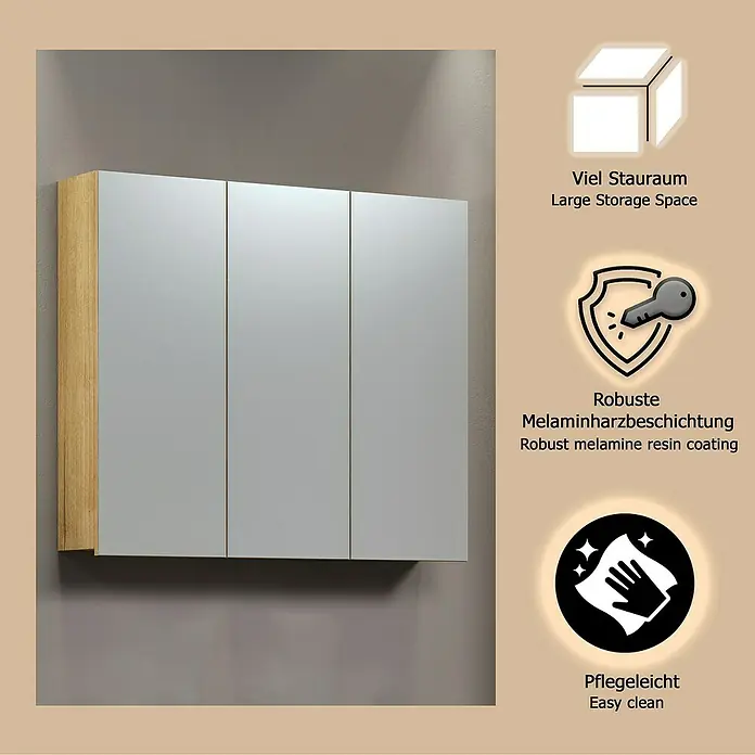 Trendteam Niklas Spiegelschrank - B x H: 80 x 67 cm, Evoke Eiche - Dreitüriger Spiegelschrank fürs Bad mit heller Holzseite, betont großen Stauraum, robuste Beschichtung und einfache Reinigung.