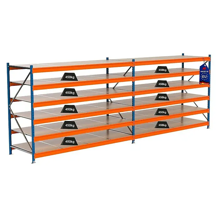 Proregal Schwerlastregal Industrie Weitspannregal MAXIMUS Pro - H x B x T: 200 x 560 x 100 cm, Traglast pro Boden: 450 kg, Anzahl Böden: 6 Stk., Stecken, Blau/Orange