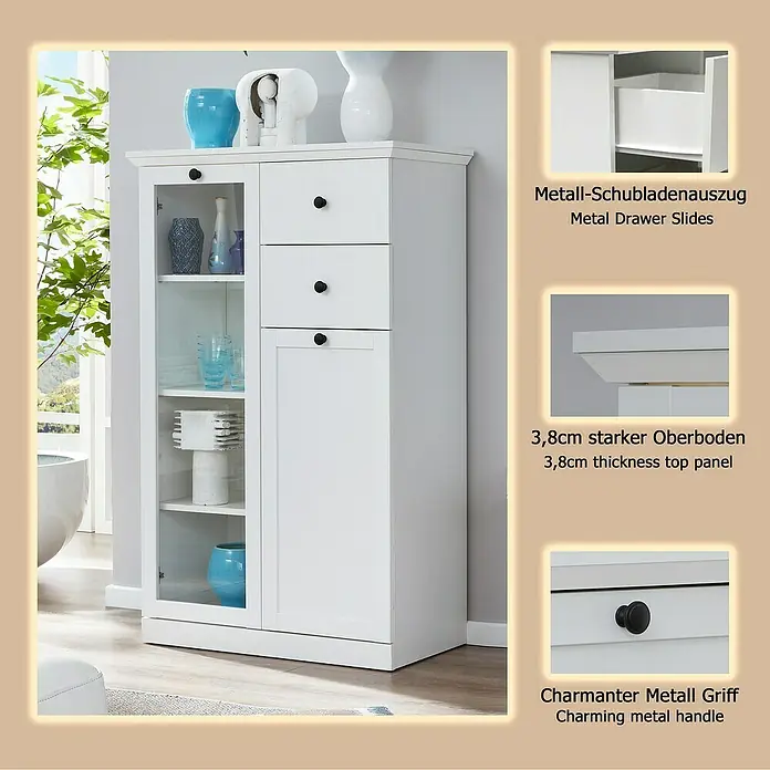 Trendteam Vitrine Baxxter - B x T x H: 81 x 41 x 129 cm, Weiß - Weißer Schrank mit Glastüren, drei Schubladen, schwarzen Metallgriffen, Metallschiene und dicker Oberplatte.