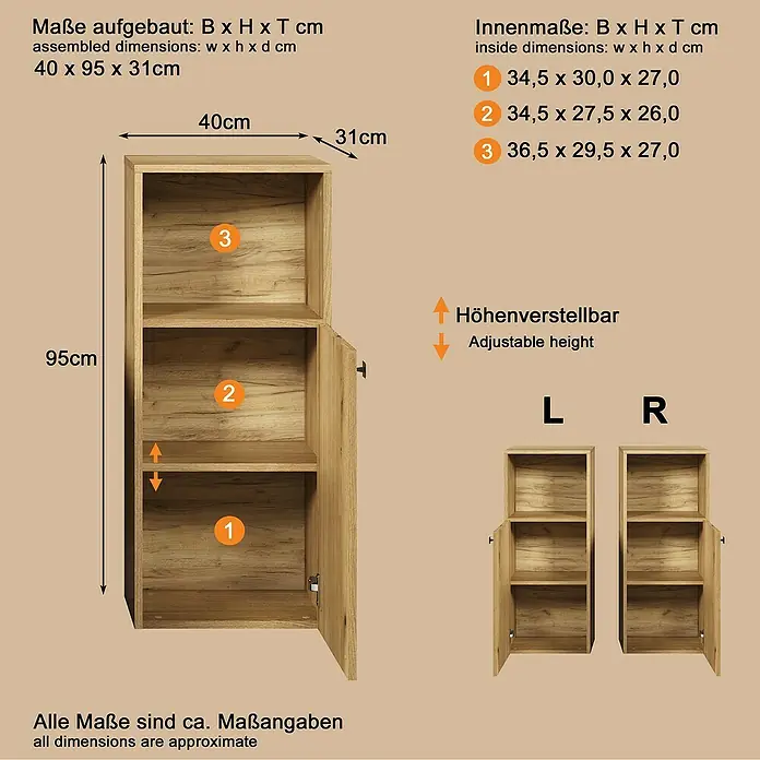 Trendteam Niklas Midischrank - B x T x H: 40 x 31 x 95 cm, Evoke Eiche, Strukturiert - Holzkabinett mit verstellbaren Einlegeböden und Tür, zeigt Außen- und Innenmaße.