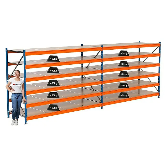 Proregal Schwerlastregal Industrie Weitspannregal MAXIMUS Pro - H x B x T: 200 x 560 x 100 cm, Traglast pro Boden: 450 kg, Anzahl Böden: 6 Stk., Stecken, Blau/Orange