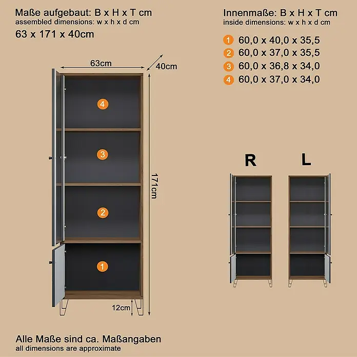 Trendteam Vitrine Montez - B x T x H: 63 x 40 x 172 cm, Grau - Hoher Schrank in Grau und Holzoptik mit mehreren Regalfächern und Flügeltüren, Gesamt- und Innenmaße dargestellt.